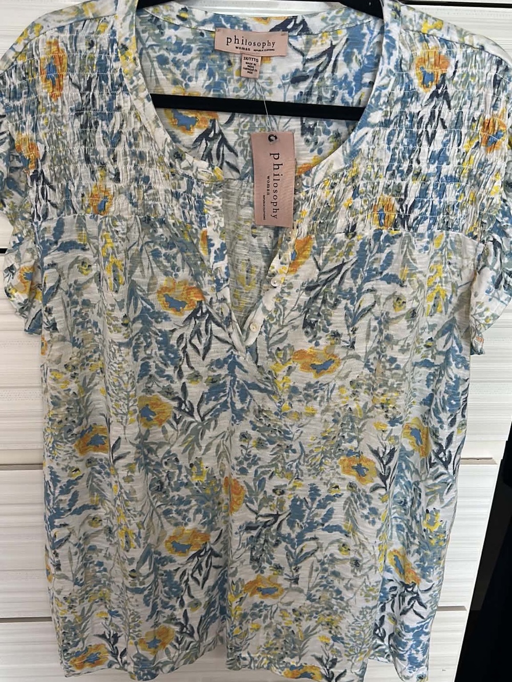 Philosophy Floral Short-Sleeve V-Neck Tunic in Blue, Yellow & White